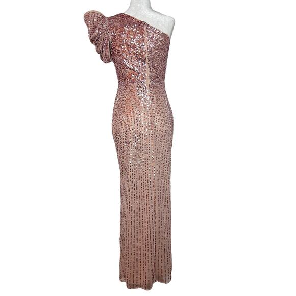 Mac Duggal Embellished Sequin Puff One Shoulder Gown 5622 Apricot Pink 2 - Picture 5 of 8